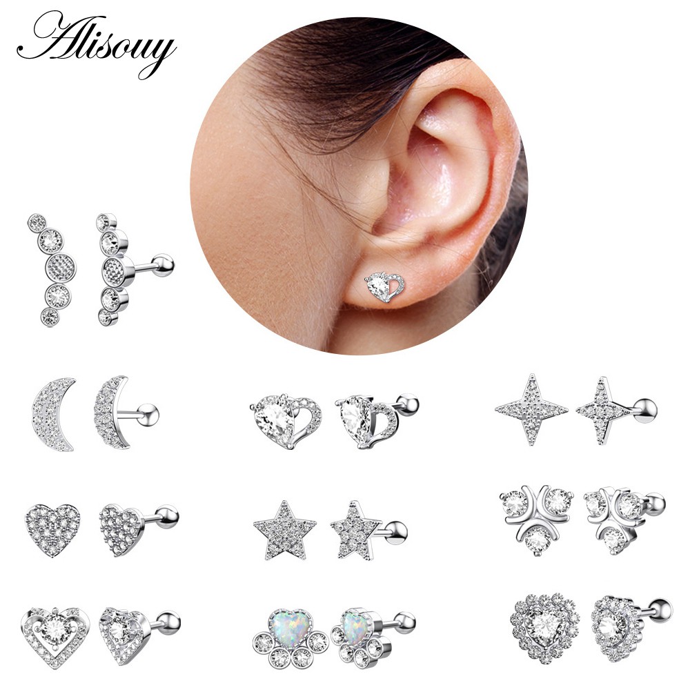 Alisouy Bộ 2 Khuyên Tai Tròn Bằng Thép Không Gỉ Đính Đá Zircon cz opal Mặt Trăng Ngôi Sao Cho Nam Và Nữ