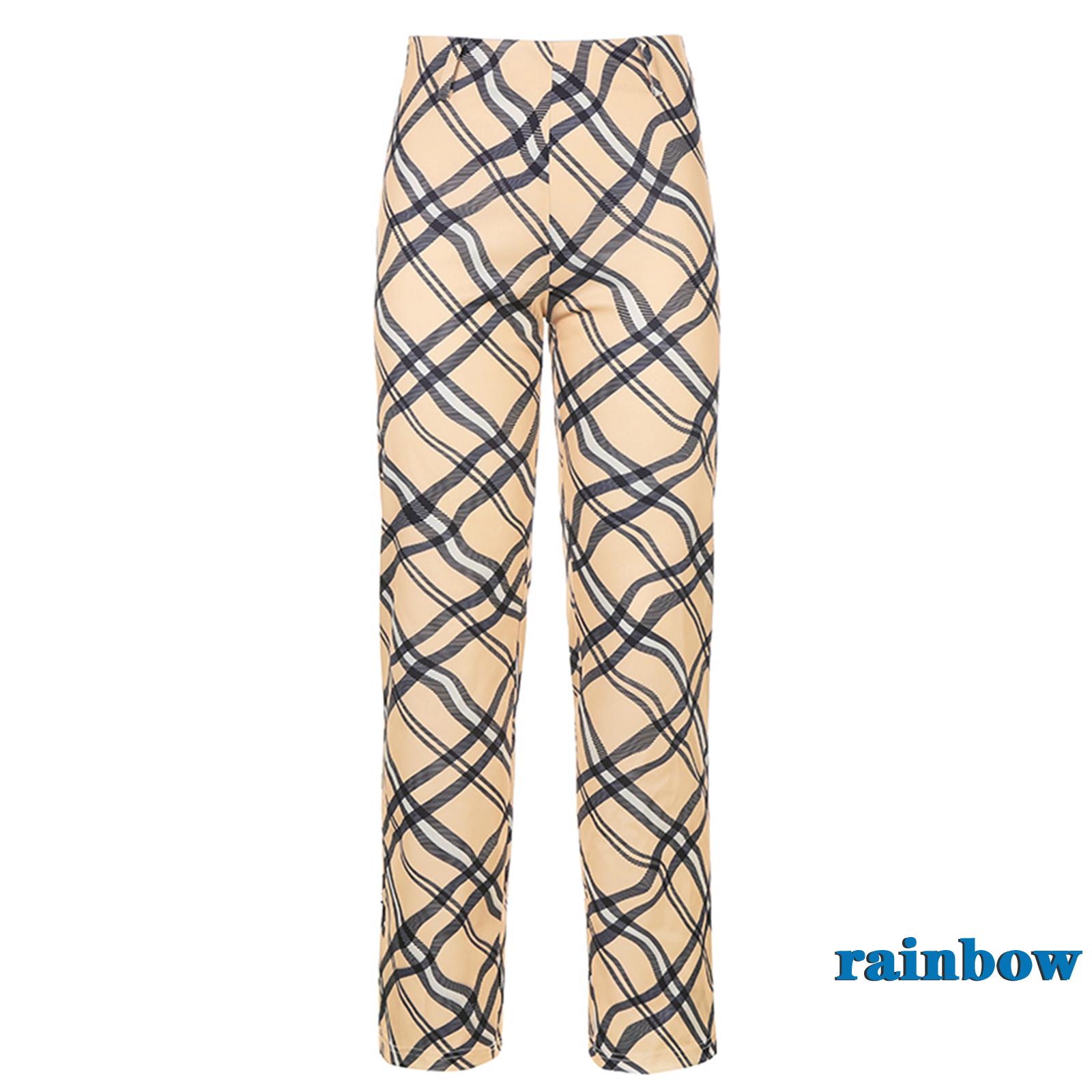 RAINBOW-Women’s Rhombic Plaid Long Pants, Sport Bodycon Leggings Workout Slim Pile Up Pants
