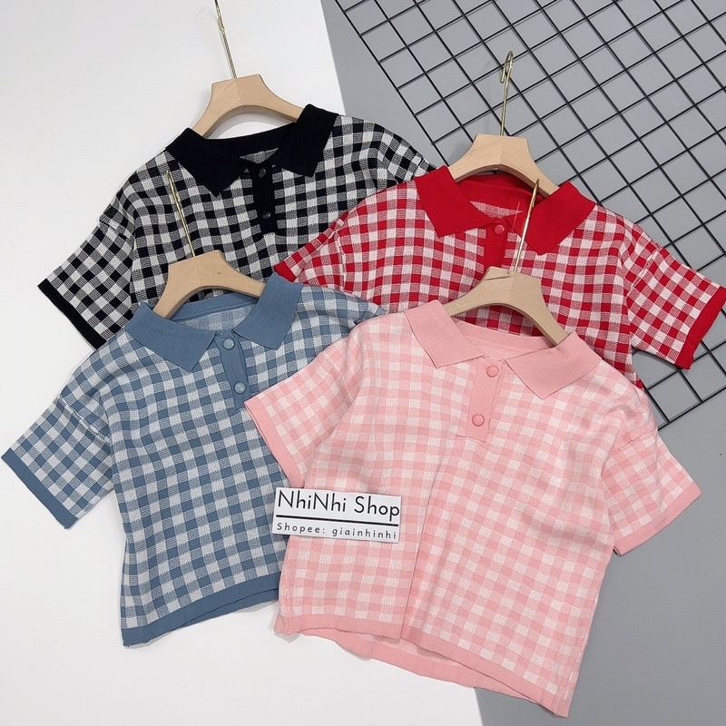 Áo polo len mỏng cổ bẻ kẻ caro khuy, Áo len kiểu họa tiết ngắn tay AL9124 - NhiNhi Shop