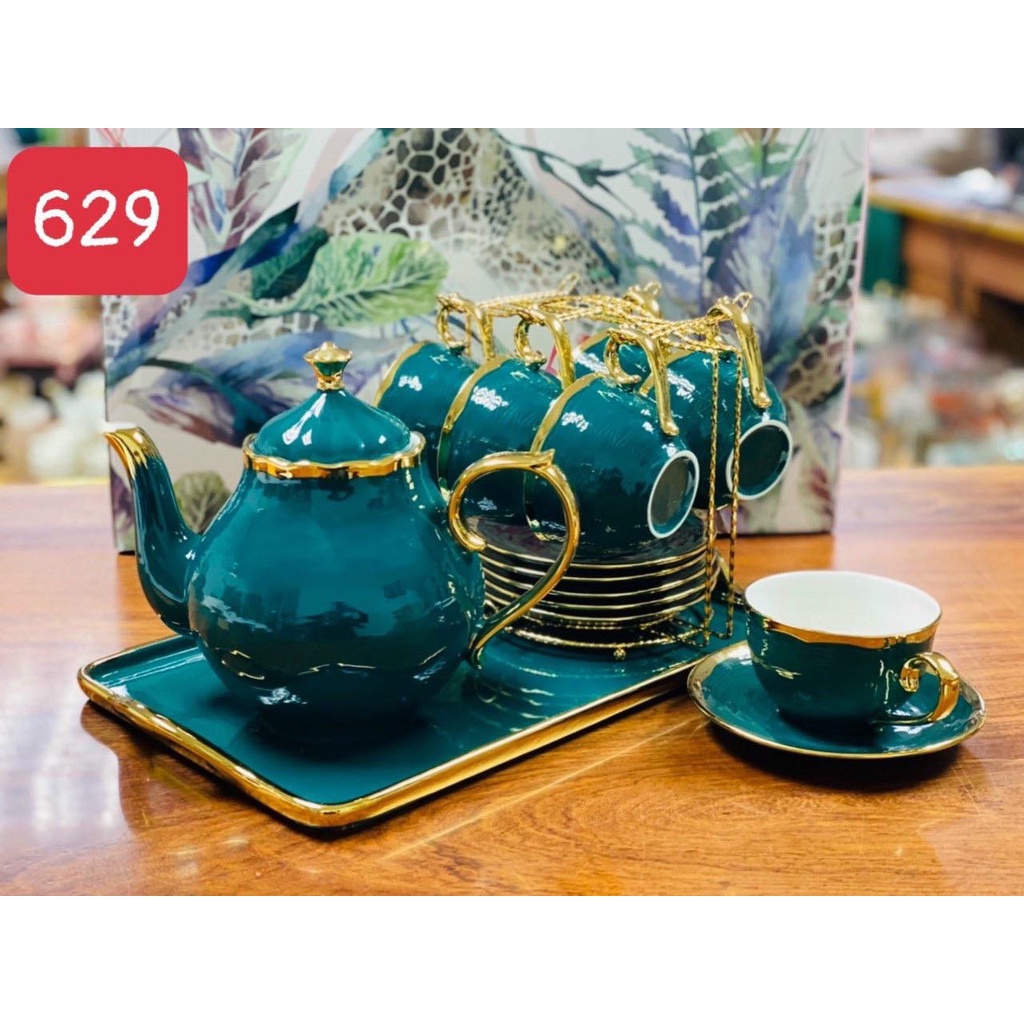 bộ ấm trà có giá treo đĩa lót tằng kèm 6 muỗng cafe. bộ tách pha trà có giá treo