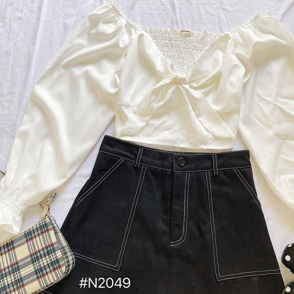 SET ÁO CROPTOP TAY DÀI NƠ NGỰC KÈM CHÂN VÁY DẦY DẶN MAY VIỀN NỔI - LIEN SET