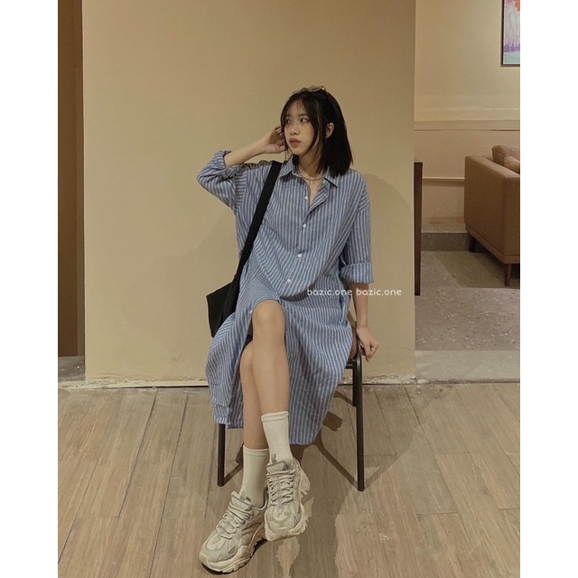 [SIEU SALE] Váy sơ mi kẻ caro xuông dài xanh (hàng sẵn) | BigBuy360 - bigbuy360.vn