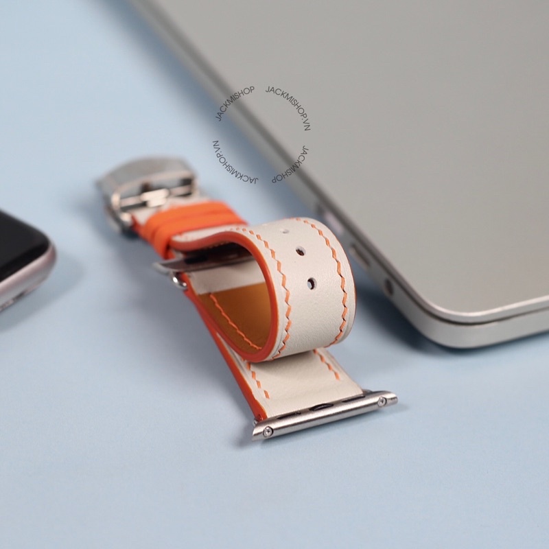 [BẢO HÀNH 1 NĂM] Dây Da BÊ SWIFT may tay thủ công màu Kem chỉ Cam khóa Bướm cho Apple Watch series 1/2/3/4/5/6/7