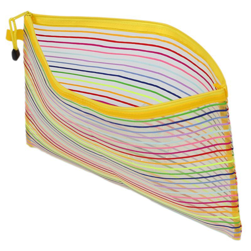 Zip up Nylon Mesh Multicolor Stripes A4 Paper Documents Pen File Bag Folder