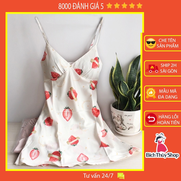 Váy ngủ lụa 2 dây họa tiết dâu tây dễ thương hàng nhập cao cấp có kèm đệm ngực Kèm video thật shop tự quay cận chất vải