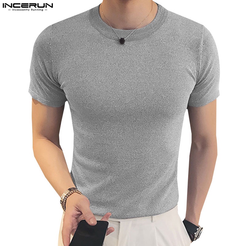 Áo thun tay ngắn cổ tròn INCERUN 4 màu thiết kế đơn giản cho nam