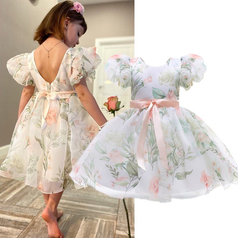 Đầm Công Chúa Tay Phồng Phối Lưới Thời Trang Dự Tiệc Cho Bé Gái