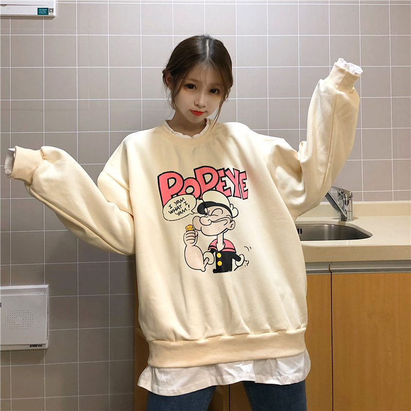 Áo sweater vải nhung dáng rộng cổ tròn có in họa tiết phong cách Hàn Quốc cho nữ