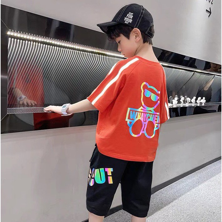 Bộ đồ bé trai Con xinh cotton phản quang tay raplan Gấu Wheychen set quần áo trẻ em từ 5 đến 14 tuổi