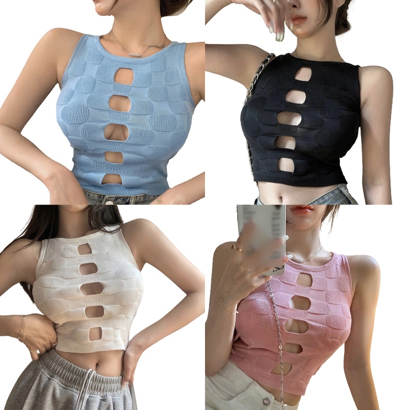 Áo Croptop Dệt Kim Sát Nách Khoét Lỗ Thời Trang Đường Phố Gợi Cảm Cho Nữ