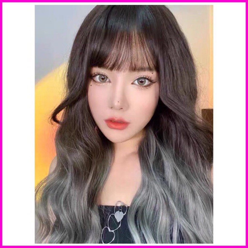 Tóc giả nữ cao cấp nguyên đầu xù omber khói xanh xu hướng 2021