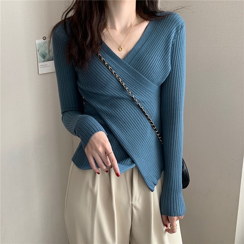 Áo Thun Dệt Kim Tay Dài Cổ Chữ V Màu Trơn Thời Trang Phong Cách Phương Tây Dành Cho Nữ