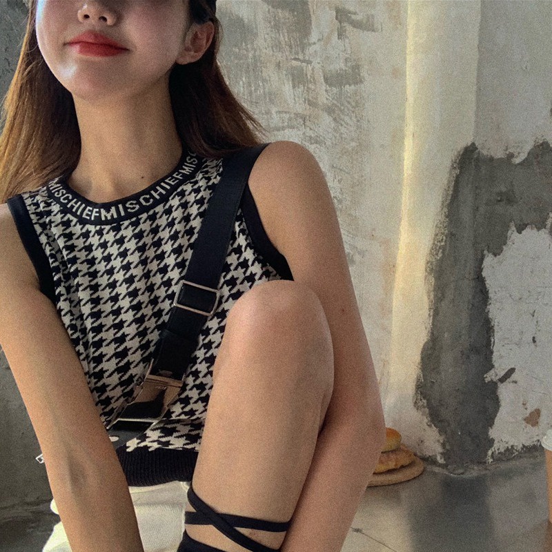 Áo croptop dệt kim không tay trọng lượng nhẹ phong cách preppy cho nữ