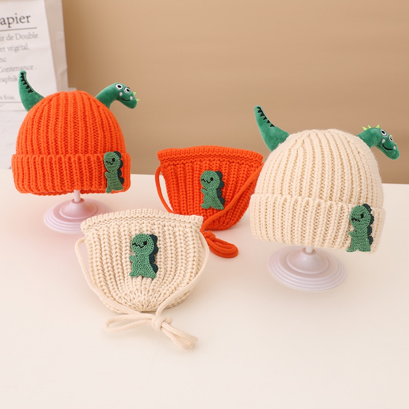Mũ beanie đan len mềm mại họa tiết khủng long hoạt hình dễ thương thời trang thu đông cho bé