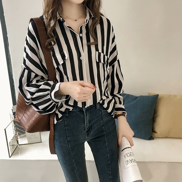THEODORA M-4XL Black/Green stripe long sleeve plus size mid-long boyfriend shirt Button down bigsize women blouse Fashion loose modern wear