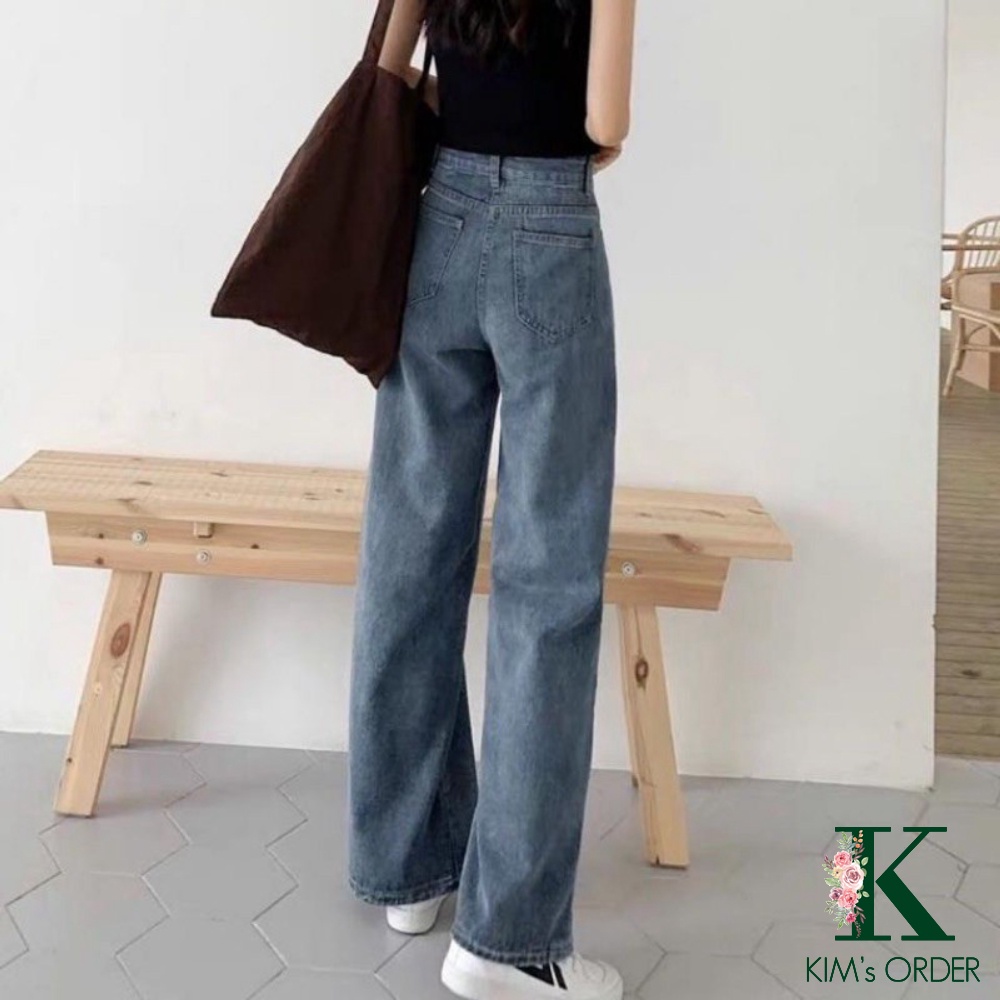 Quần jeans nữ ống suông trơn lưng cao dáng rộng màu xanh phong cách Ulzzang Hàn Quốc chất liệu co dãn nhẹ cao cấp