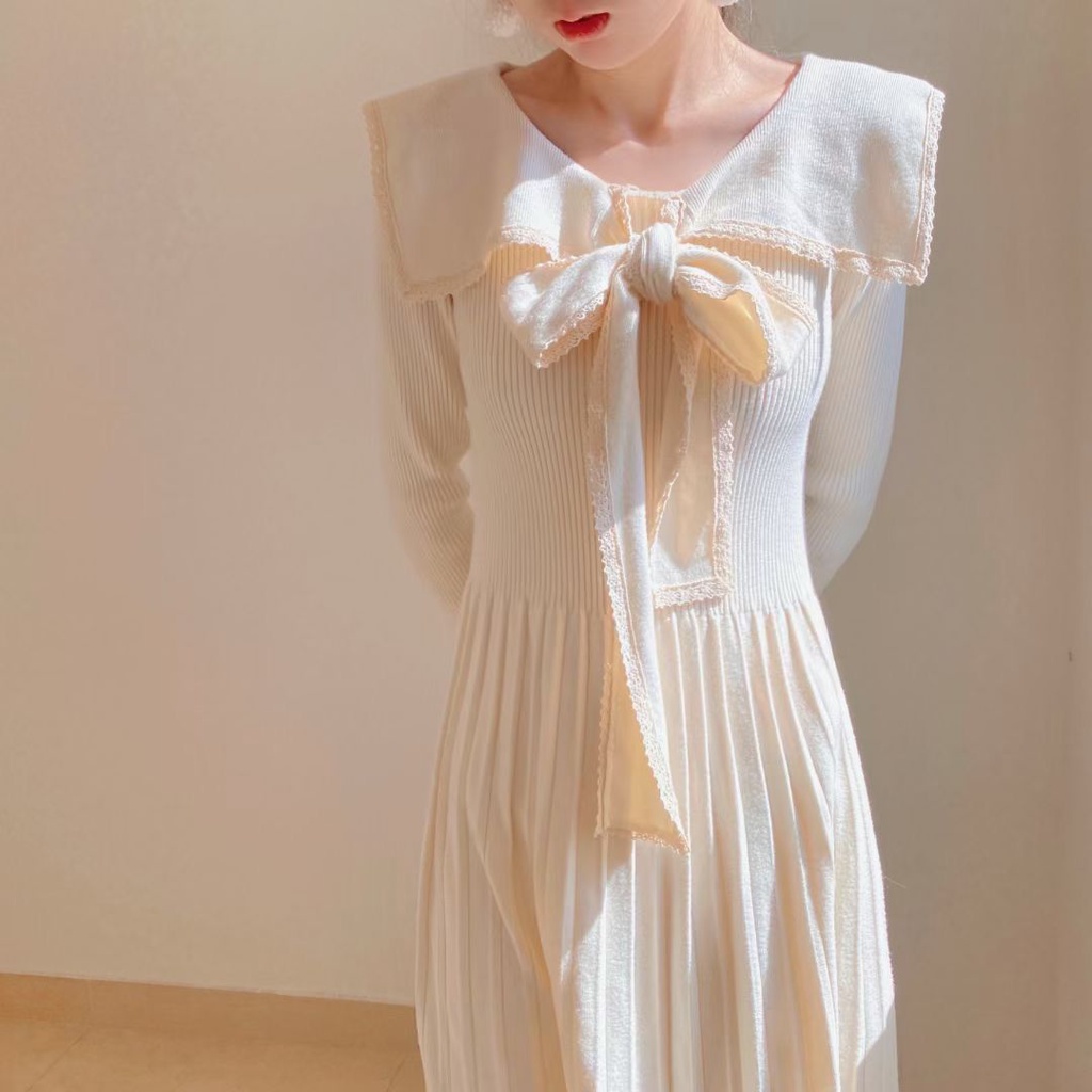 Bộ Áo Cardigan Dệt Kim Tay Dài Cổ Thủy Thủ Phối Chân Váy Thời Trang Thu Đông Cho Mẹ Bầu