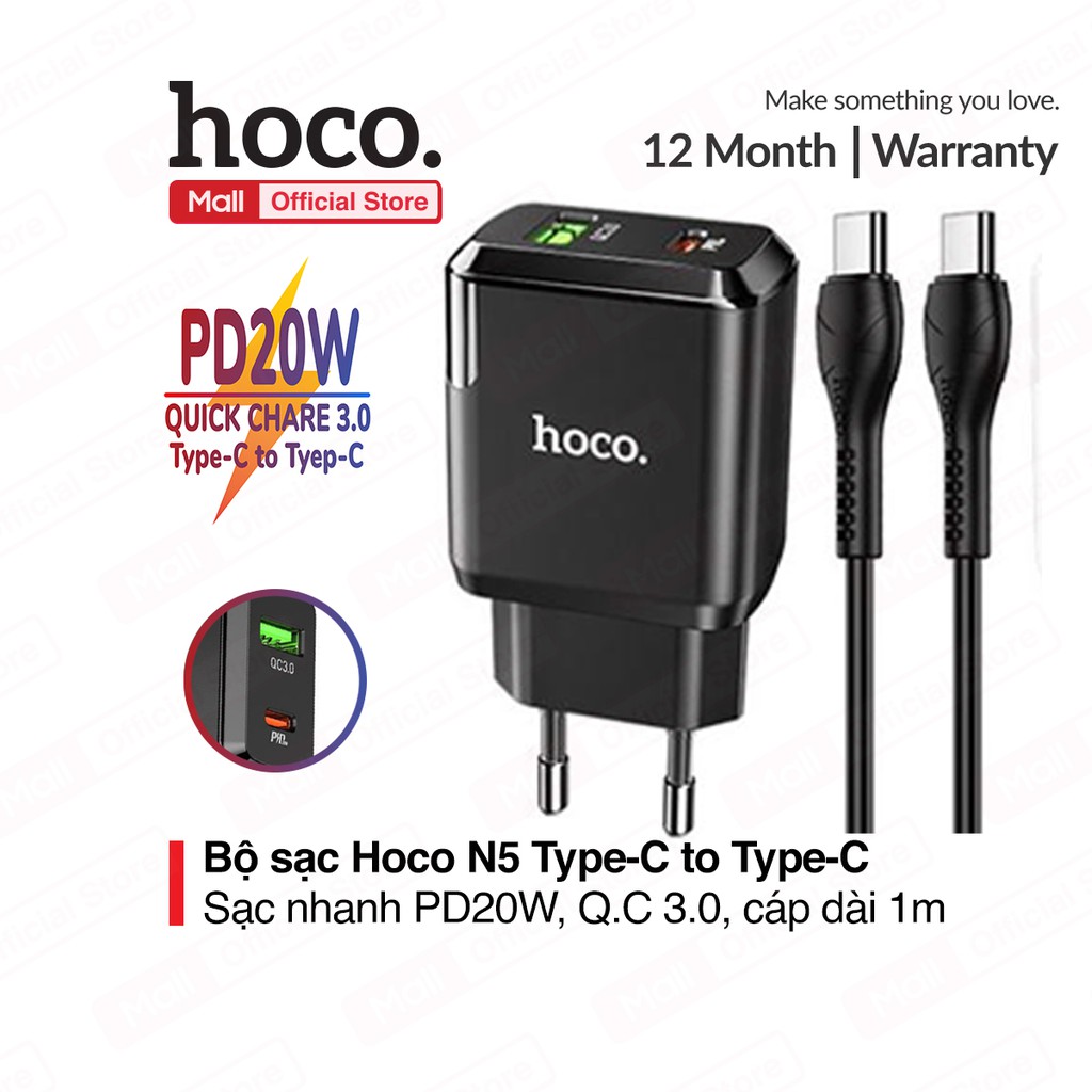 Bộ sạc nhanh Hoco N5 Type-C to Type-C sạc nhanh PD 20W, Quick Chagre 3.0, dành cho iPhone/iPad