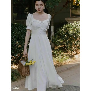 Đầm maxi trắng cổ V - Mùa du lịch, cưới, tiệc tùng