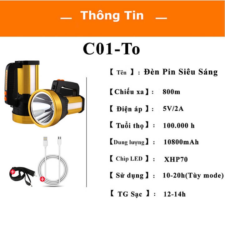 Đèn pin cầm tay siêu sáng chiếu xa 800m C01, pin trâu 10800mAh chống thấm nước, đèn pin đi biển tuần tra 4 chế độ