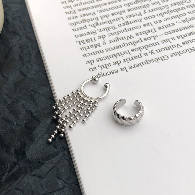 Bông Tai Bạc S925 Bộ 2 Ear Cuff Kẹp Vành Tua Rua &amp; Khoen C Bất Đối Xứng Trẻ Trung Cá Tính | Khuyên Tai Nữ Trang Sức Bạc