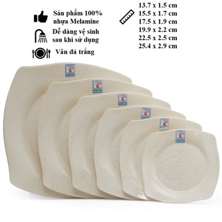 Dĩa vuông cạn nhựa Melamine vân đá trắng nhiều Size