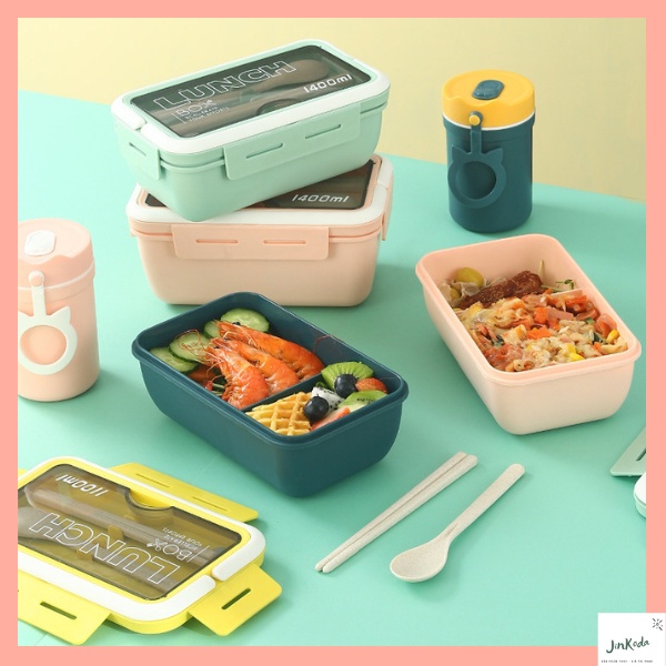 Hộp cơm Bento văn phòng giữ nhiệt 3 ngăn dung tích 1400ml, tặng kèm đũa thìa