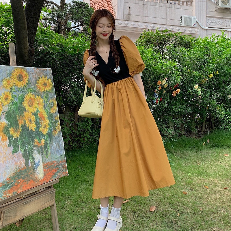 Đầm Tay Phồng Cổ Chữ V Màu Sắc Ngọt Ngào Thời Trang Mùa Hè 2022