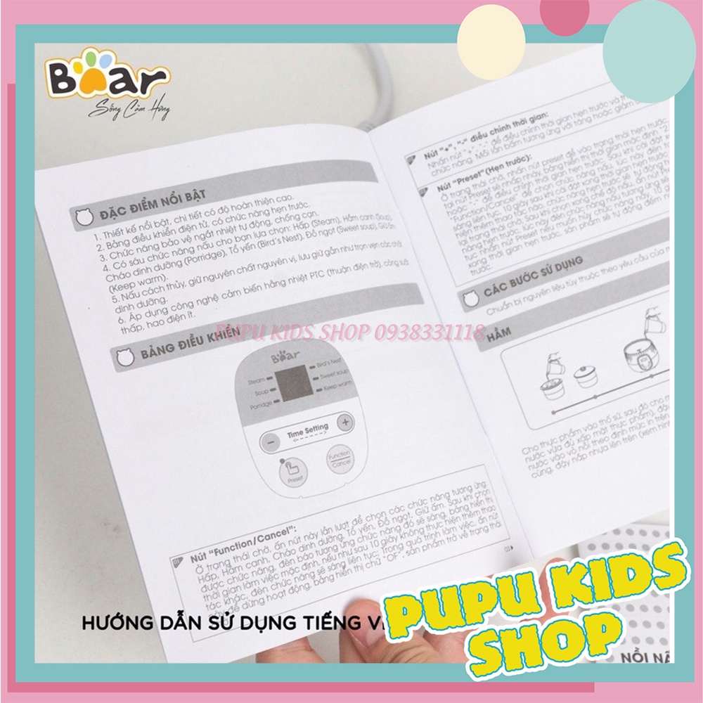 [BẢN QUỐC TẾ - BẢO HÀNH 1 NĂM] NỒI HẦM CHÁO BEAR CÓ XỬNG HẤP CÁCH THUỶ 2IN1 0,8L, 1.6L