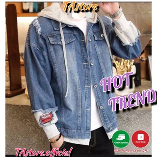 Áo khoác jean nam nữ liền mũ cao cấp đẹp áo khoác jeans nam nỉ phối liền mũ chống nắng unisex