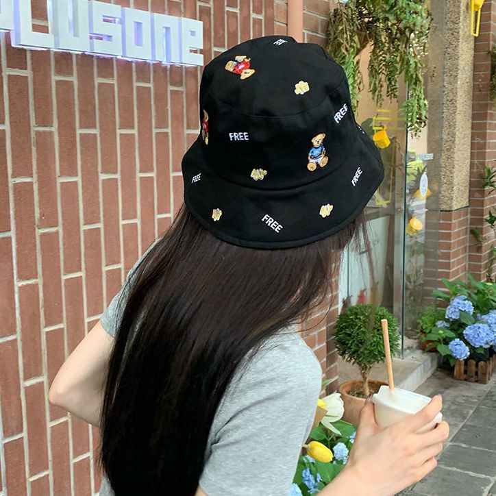Mũ bucket màu đen họa tiết gấu hoạt hình phong cách Hàn Quốc thời trang mùa hè cho nữ