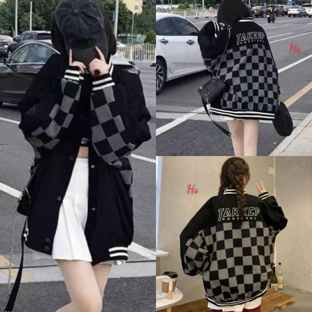 Áo Khoác Unisex Bomber Caro Nỉ TAKEEP dưới 65kg - Áo Bóng Chày Dáng Rộng G0102 !