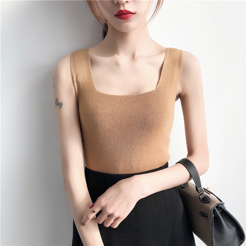 Áo sát nách dệt kim cổ chữ U không tay màu trơn dành cho nữ | BigBuy360 - bigbuy360.vn