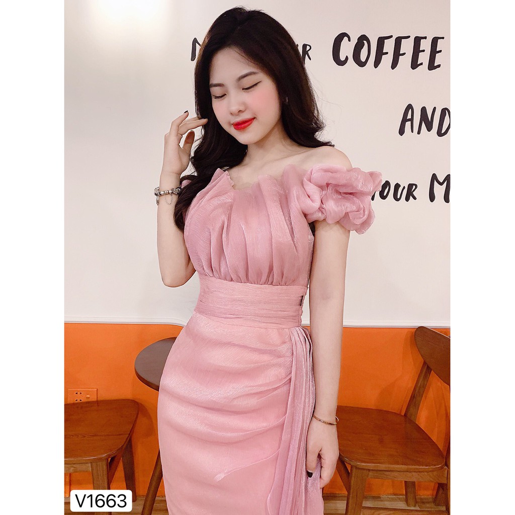 Váy body hồng trễ vai xếp li bèo eo V1663 - Đẹp Shop DVC (Kèm ảnh thật trải sàn do shop tự chụp) | BigBuy360 - bigbuy360.vn