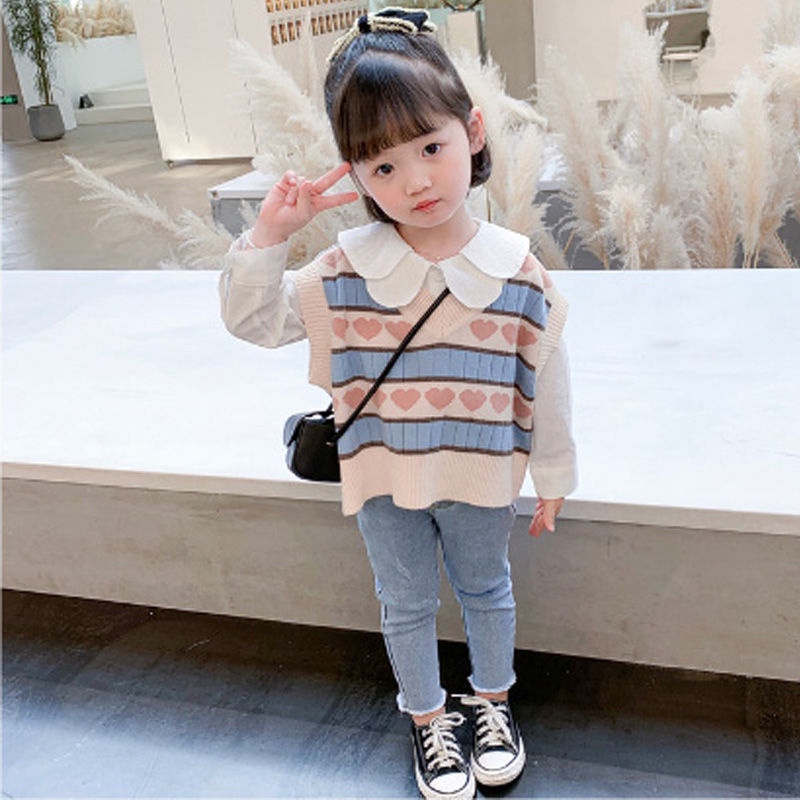 Áo khoác len không tay cổ chữ V họa tiết xinh xắn cho bé gái