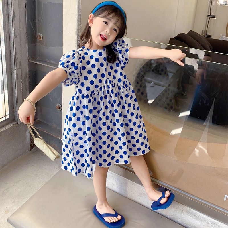 Đầm Công Chúa Mùa Hè Bằng Cotton Nguyên Chất Tay Phồng Họa Tiết Chấm Bi Phong Cách Hàn Nhật 2022 Mới Cho Bé Gái