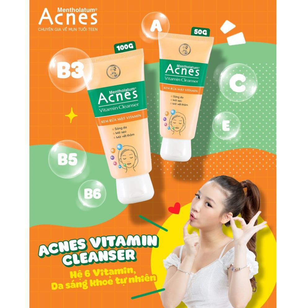 Kem Rửa Mặt Sáng Da, Mờ Sẹo Và Vết Thâm Vitamin Acnes Vitamin Cleanser (Vàng) H108