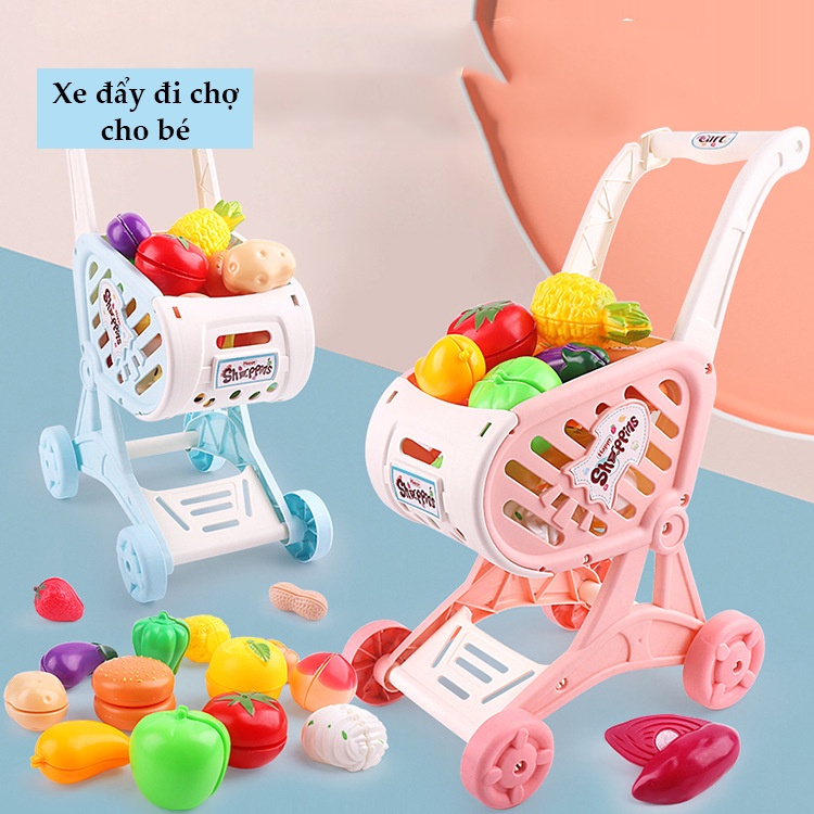 Xe Đẩy Đồ Chơi Cho Bé Xe Đẩy Siêu Thị Mô Hình Cho Bé Chở Trái Cây Có Giỏ Đựng Đồ Tiện Lợi