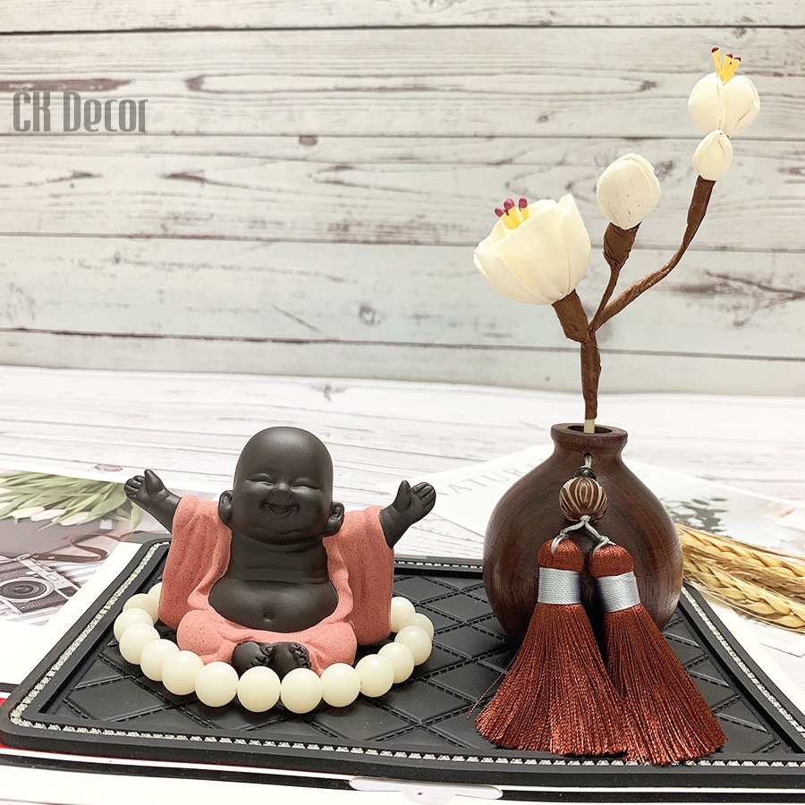 Set Tượng Phật, Hoà Thượng Trang Trí Taplo Ô Tô - Bàn Làm Việc Làm Từ Gốm, Gỗ Hồ Đào Cao Cấp