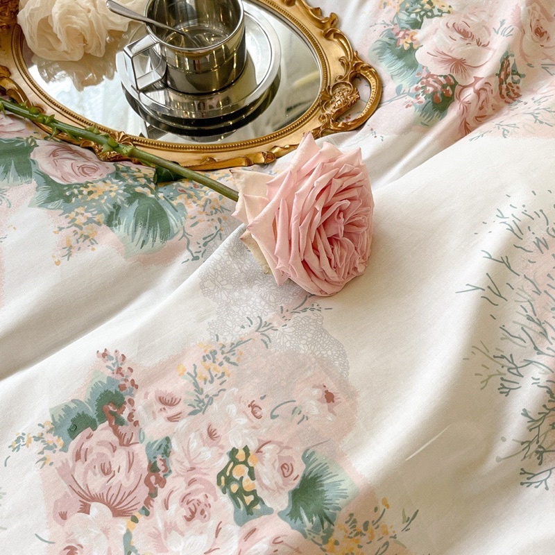 Set 4 món cotton bèo ren hoa hồng pháp