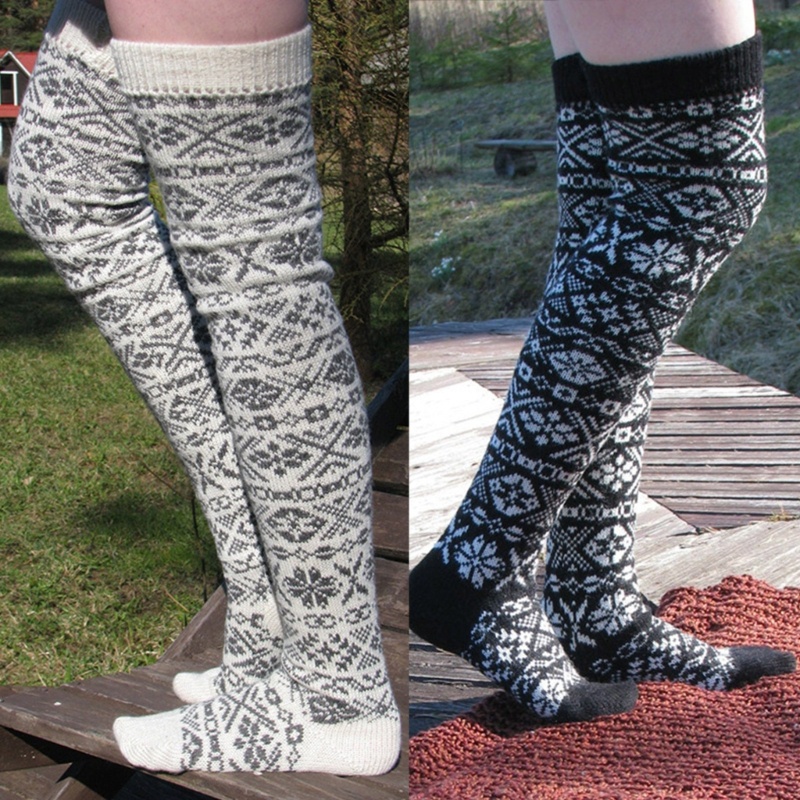 Xiangbao Tất Dệt Kim Dài Qua Gối Họa Tiết Hình Học Giáng Sinh Mùa Thu Cho Nữ