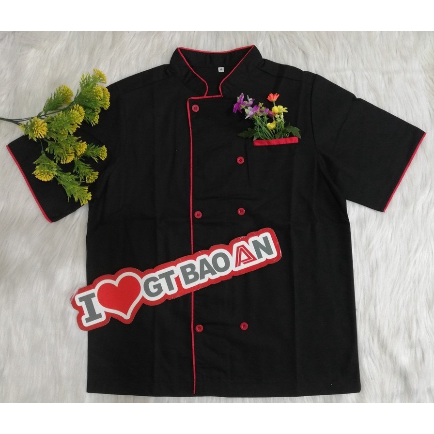 Đồng Phục Nhà Hàng Áo Bếp Màu Đỏ Cổ Đen Cho Đầu Bếp Trưởng