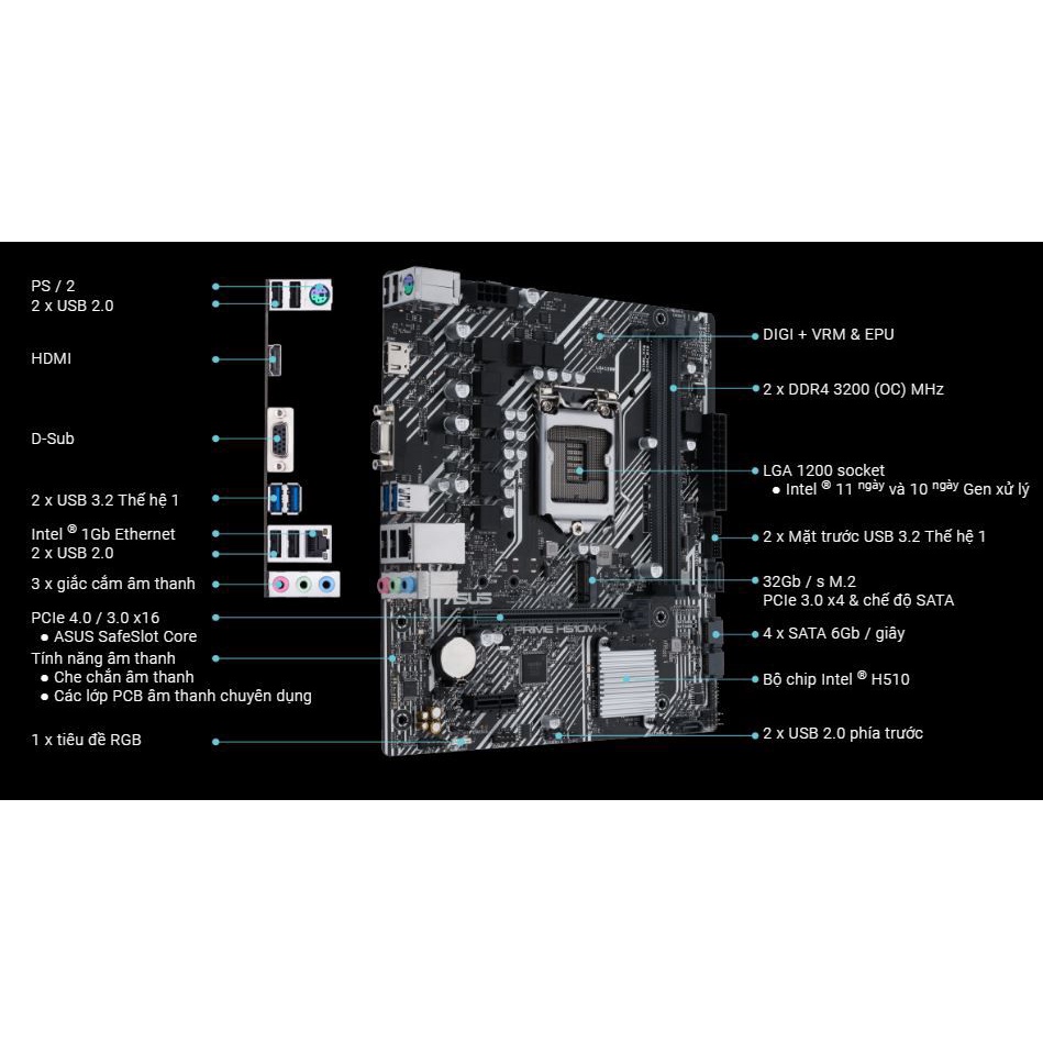 Bo mạch chủ ASUS PRIME H510M-K (Intel H510, Socket 1200, m-ATX, 2 khe Ram DDR4) - Bảo hành chính hãng 36 Tháng