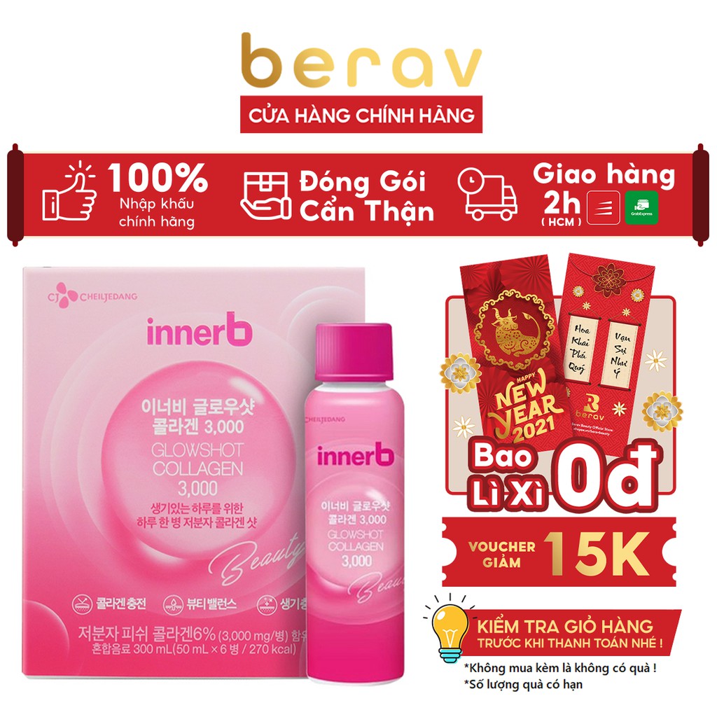 Hộp 6 chai nước uống Collagen Vitamin C sáng da InnerB Glowshot (50mlx6)