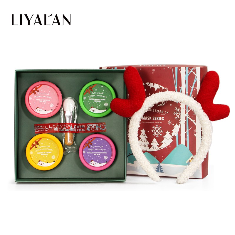 Bộ mặt nạ đất sét LIYALAN chiết xuất trà xanh / cà tím / nghệ / hồng hữu cơ tự nhiên chăm sóc da làm quà giáng sinh