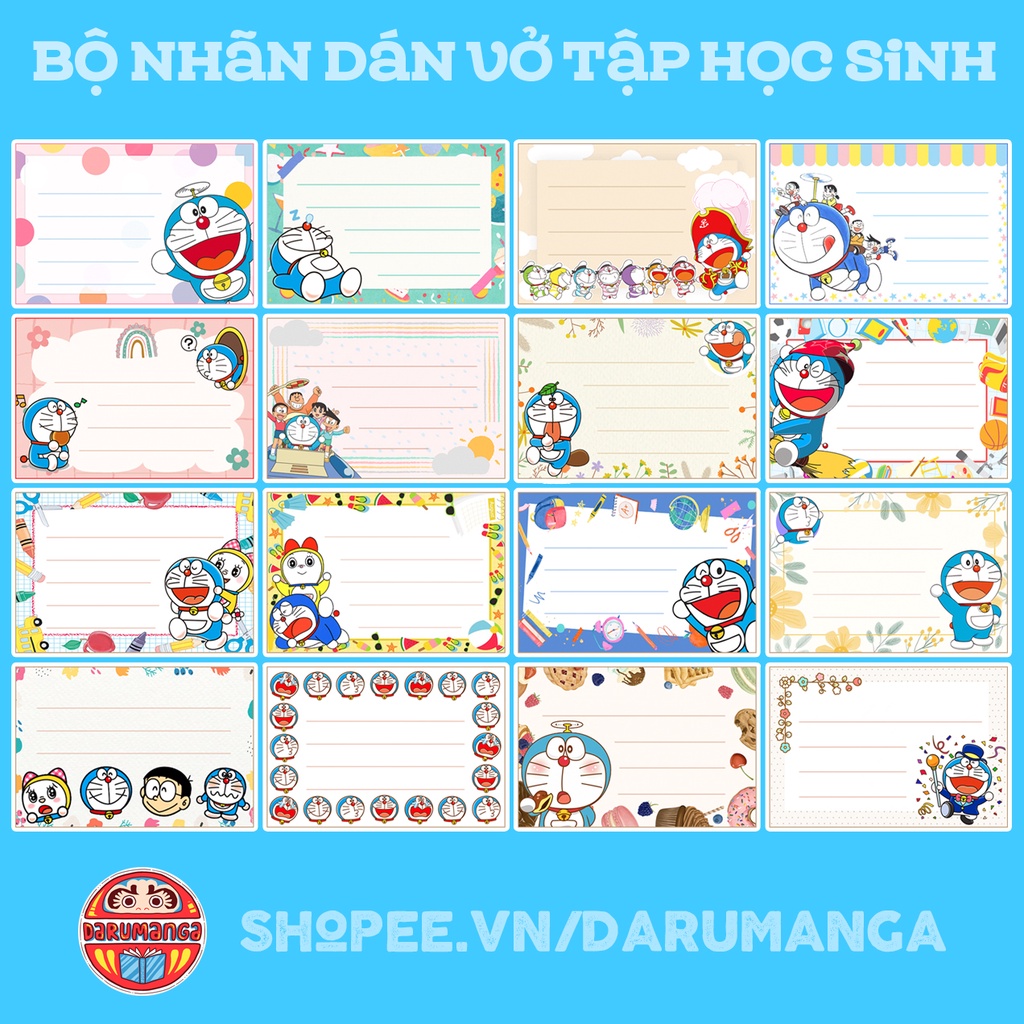 BỘ 16 NHÃN VỞ TẬP HỌC SINH MÈO MÁY DORAEMON DỄ THƯƠNG