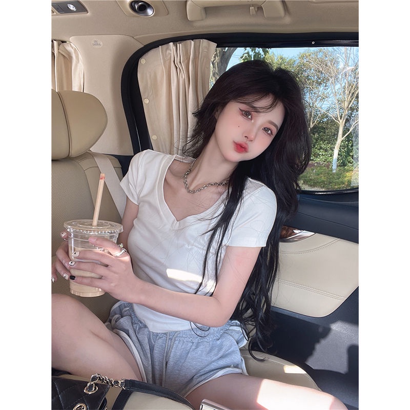 COZOK Áo Thun Tay Ngắn Cổ Chữ v Màu Trắng Thời Trang Cho Nữ