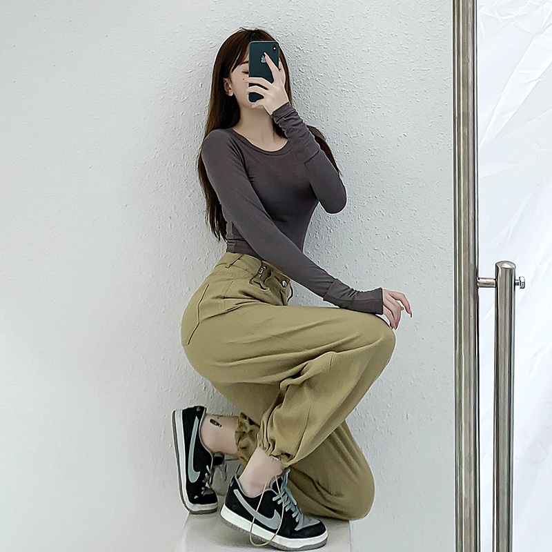 SUXI Quần nữ dáng rộng cạp cao cá tính thời trang mùa thu