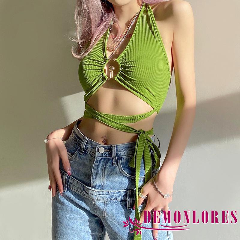 DEMQ-Women’s Fashion Solid Color Vest Sexy Hollow Bandage Exposed Navel Halter Camisole