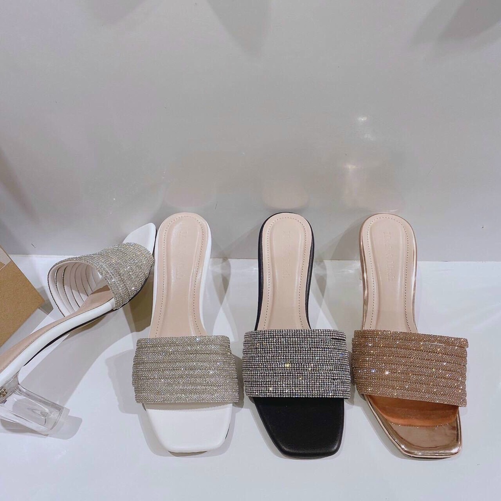 GUỐC DÂY XOÀN LẤP LÁNH SIÊU XINH 6CM ĐẾ TRONG SUỐT guốc cao gót sandal gót vuông cao cấp